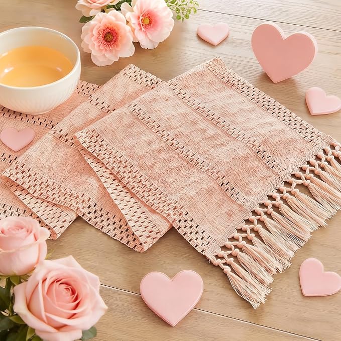 Niviy Boho Valentines Table Runner for Pink Tassel Home Decor 108 Inches Long, Rustic Macrame Cotton Linen Woven Coffee Table Runners for Wedding Party Baby Shower Dining Table Decoration, Pink