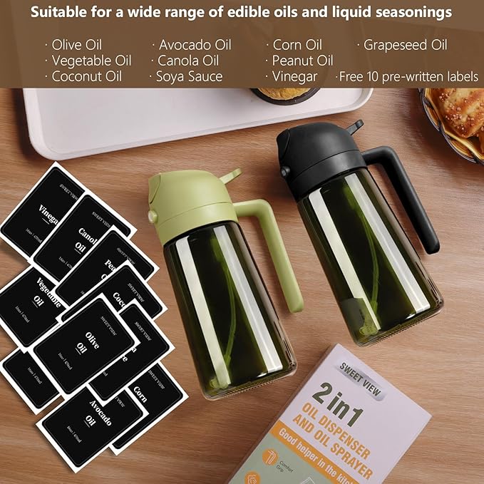 SWEET VIEW Olive Oil Dispenser and Oil Sprayer – 16oz/470ml Glass Light-Proof Oil Pourer for Kitchen with Stickers for Air Fryer, Cooking, Salad, and BBQ