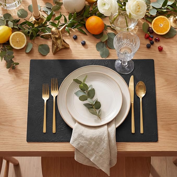 Artoid Mode Black Faux Leather Placemats Set of 4, 12x18 Inch Waterproof Wipeable Heat Resistant Vinyl Place Mats, Reversible Table Mats for Kitchen Dining Decor