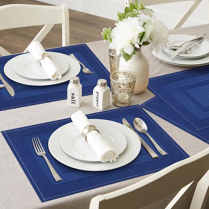 Niviy Navy Blue Placemats Set of 4, 12x18 Inch Washable Easy to Clean Heat-Resistant Anti-Skid Grey Placemats for Holiday Party Kitchen Dining Room Decoration