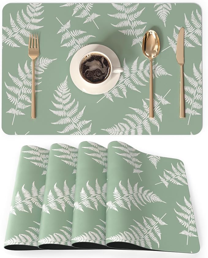 QiyI Placemats Set of 4, 12x18 Inch Faux Leather Place Mats for Kitchen Dinning, Heat Resistant Anti Slip Green White Table Mats, Waterproof Wipeable Washable Placemat Party Table Décor, Fern Leaves