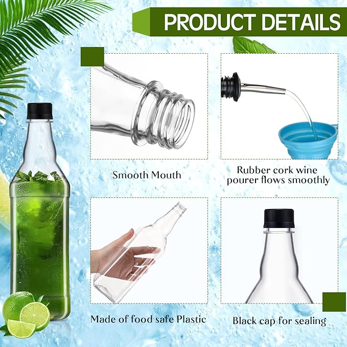 Dandat 6 Packs 800ml Plastic Empty Syrup Bottles with Lids and Pourers Speed Pour Long Neck Bottles Bulk Pour Containers for Oil Juice Syrup Coquito Drink for Kitchen Bar Holiday Drink Party