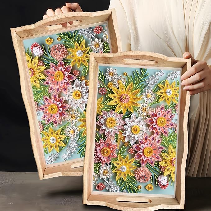BAYUNOE DIY Diamond Serving Tray Rectangular Breakfast Tray with Handle Handmade Diamond Art Painting Wooden Tray Spring Creative Dinner Plate Coffee Room Living Home Organizer-Flower