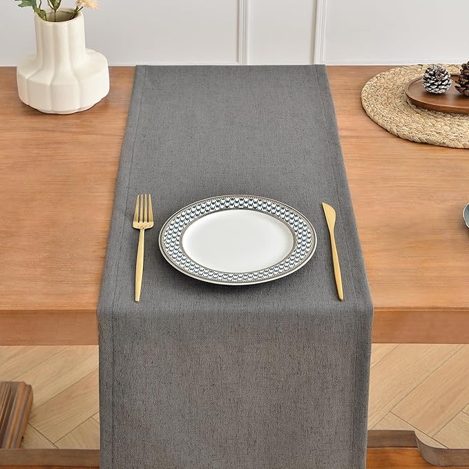 Wracra Linen Style Table Runner, Rustic Farmhouse Charcoal Grey Table Runners 108 Inches Long, Handcrafted Table Runner for Fall, Winter - Everyday Use and Machine Washable