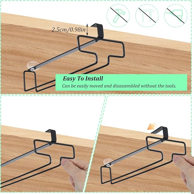 4 Pcs Wine Glass Holder, Stemware Rack Hanger Under Cabinet Wine Glass Rack Kitchen Hanging Glasses Storage Rack Organizer, Black