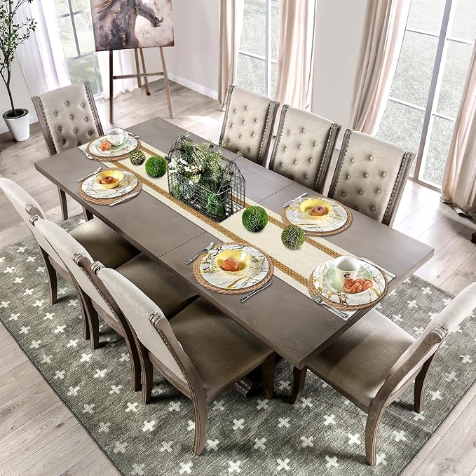 Round Woven Placemats Set of 6, with 72 Inches Long Farmhouse Macrame Table Runner Burlap Cotton Linen Table Runners Chargers for Dinner Plates, Beige & Brown