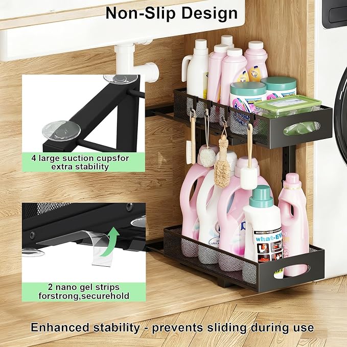 Under Sink Organizer, Pull Out Cabinet Organizer, Black | Rustproof Carbon Steel, 2 Tier Mesh Sliding Drawers, 5-Level Height Adjustable to Bypass Pipes, for Kitchen Bathroom Laundry