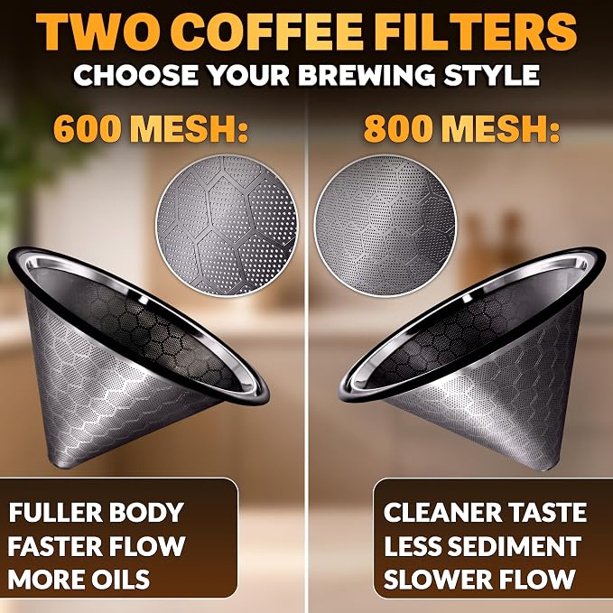 Pour Over Coffee Filter Reusable Stainless Steel - 800 Mesh Black Cone with Black Ring for Clean, Sediment-Free Brew, Compatible with Hario V60 & Chemex, Paperless Coffee Dripper with Cleaning Brush