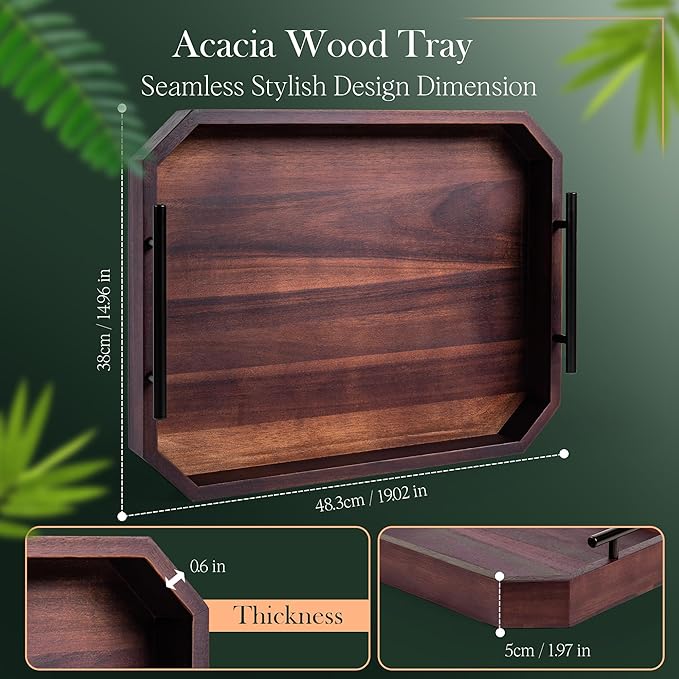 Large Square Ottoman Tray with Built-in Handles – Accacia Wood Serving Tray for Living Room, Coffee Table, Dinning, Kitchen, Patio, Party | Rustic Decorative Storage Tray | 19" x 15" x 2"