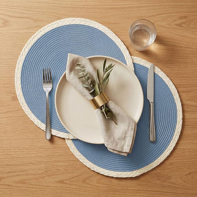 Noctiflorous Braided Round Placemats Set of 6, 15 Inch Woven Table Mats, Non-Slip Washable Place Mats for Kitchen Dining Table Decor (Mint Blue, 6)