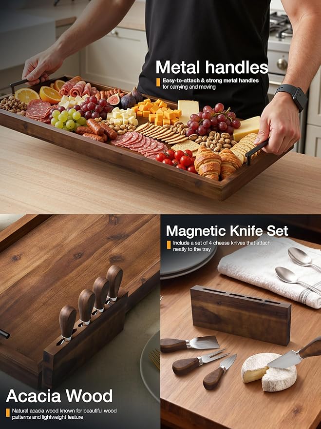 TIDITA Acacia Large Charcuterie Boards for Party with Cheese Knife Set of 4 – Acacia Wood Serving Tray with Handles, Long Charcuterie Board, Wooden Cheese Board (Walnut Color, 36 Inch)