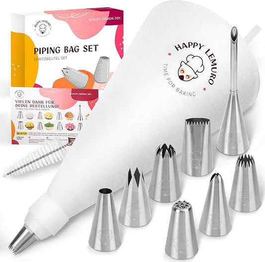 Premium Reusable Piping Bags and Tips Set - Cotton Pastry Bag 16" with 8 Large Icing Tips for Cake Decorating - Large Piping Tips Set - Dishwasher Safe