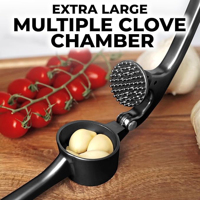Zulay Kitchen Large Premium Garlic Press Set - Bigger Bowl for Bigger Garlic - Rust Proof Garlic Mincer Tool - Easy-Squeeze, Easy-Clean Silicone Garlic Peeler & Brush (Black)