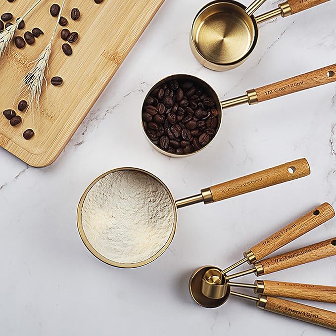 GuDoQi 8Pcs Gold Measuring Cups and Spoons Set, Wooden Handle, Premium Stainless Steel with Metric & US Measurements, Nesting for Dry/Liquid Kitchen/Food/Baking