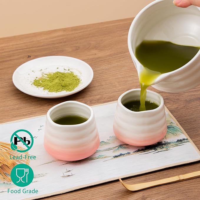 4pcs Japanese Tea Cup Set – Mini Size Cup 5OZ Ceramic Matcha Cup, Handless Espresso Cups, Cute Small Porcelain Coffee Mugs for Coffee Tea Lovers, Dishwasher & Microwave Safe (pink)