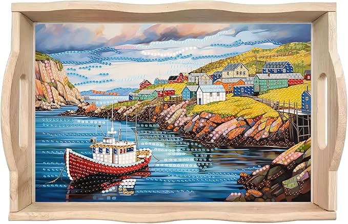 BAYUNOE DIY Diamond Serving Tray Rectangular Breakfast Tray with Handle Handmade Diamond Art Painting Wooden Tray Spring Creative Dinner Plate Coffee Room Living Home Organizer-Seaside Village