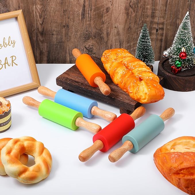 10Pcs 9 Inch Mini Rolling Pins, Non-Stick Silicone Rolling Pins with Wooden Handle, 5 Colors for Baking Cookies, Dough, Fondant & Craft Clay