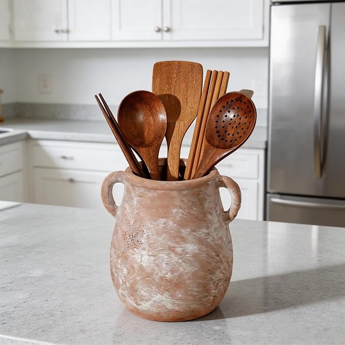Rustic Kitchen Utensil Holder for Countertop, Ceramic Utensil Crock for Kitchen Counter,Farmhouse Spatula Organizer for Countertop, Vintage Crock Decor, Ideal Housewarming Gift (Brown)