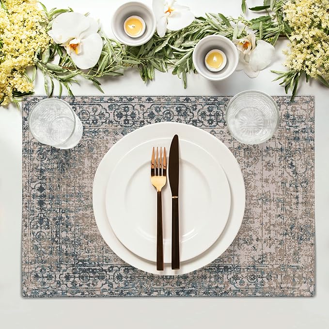 Grey Brown Ethnic Boho Placemats Set of 6 Bohemian Carpet Vintage Gray Linen Washable Kitchen Dining Table Mats Stain Heat-Resistant Desktop Decor Place Mats for Home Party Indoor 12x18 in