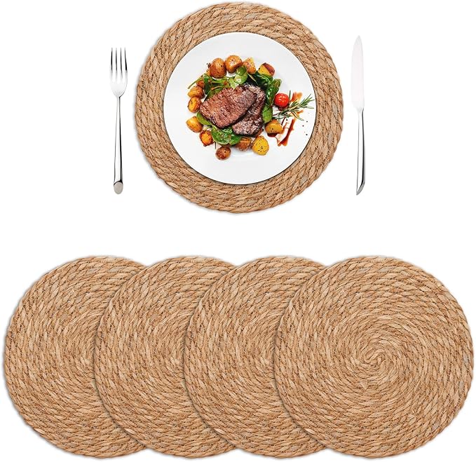 Round Woven Placemats Set of 4, 13.7 Inch Boho Farmhouse Rattan Placemats Rustic Braided Wicker Table Place Mats Chargers for Dinner Plates