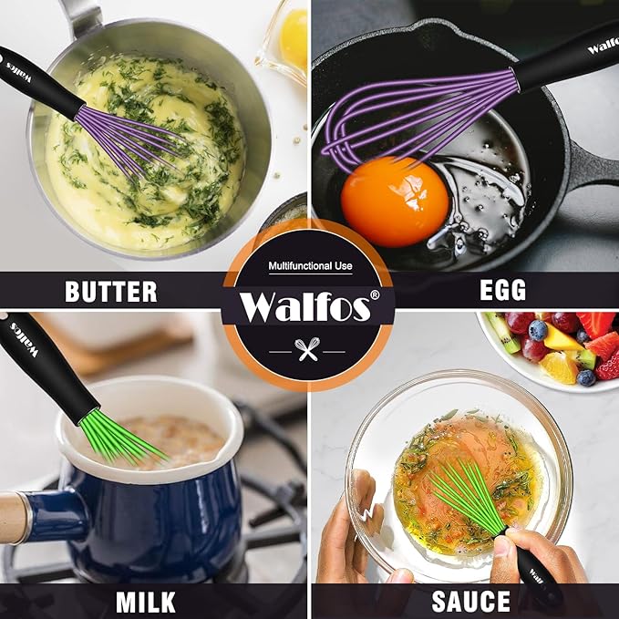 Walfos Mini Silicone Whisk, 5-7Inch, Heat Resistant (480F), Purple & Green