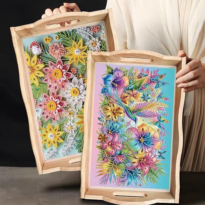 BAYUNOE 2Pcs DIY Diamond Serving Tray Rectangular Breakfast Tray with Handle Handmade Diamond Art Painting Wooden Tray Spring Creative Dinner Plate Coffee Room Living Home Organizer-02