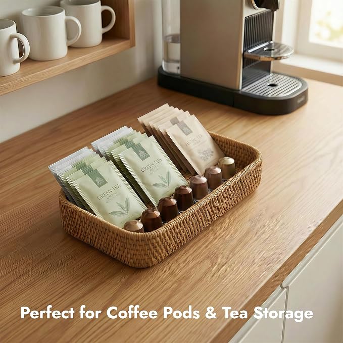 9.8" x 5.3" Rattan Tray, Wicker Decorative Tray, Woven Tray Rectangular, Natural Vanity Tray, Catchall Organizer Storage for Bathroom Kitchen Counter Entryway Coffee Bar Nightstand (Rectangular S)
