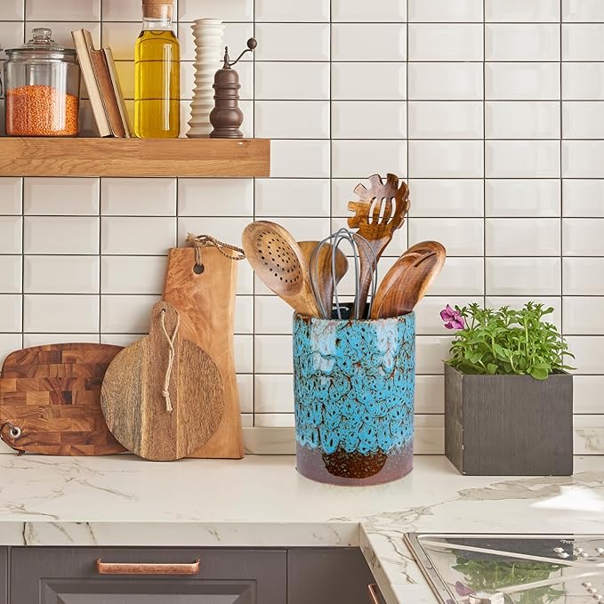 Utensil Holder, Blue Ceramic Kitchen Utensil Holder for Countertop, Large Cooking Utensil Crocks for Kitchen Counter, Morden Utensil Organizer for Spatula, kitchen Decor