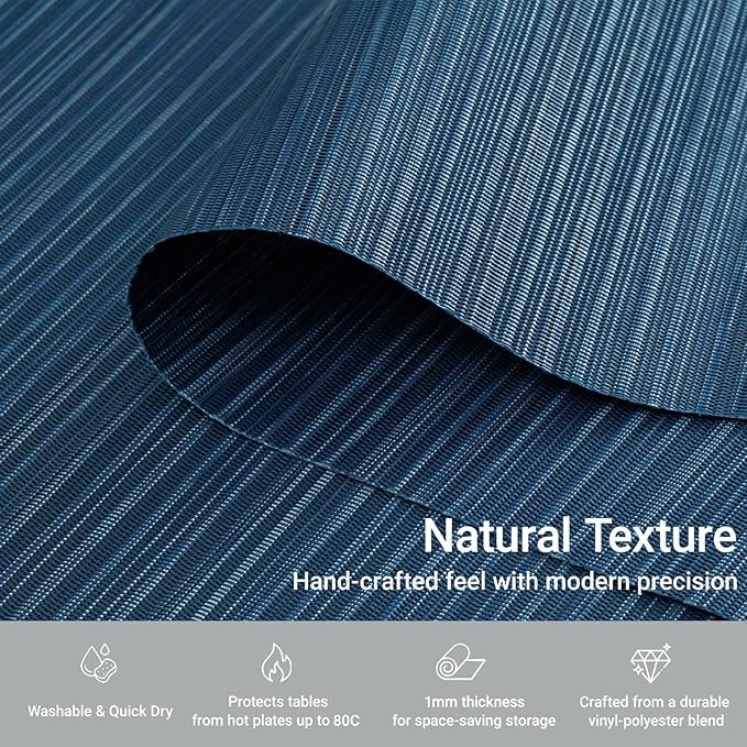 AHHFSMEI Placemats Set of 6 Woven Vinyl Non-Slip Heat Resistant Stain Resistant Easy Clean Place mats for Dining Table(Blue)