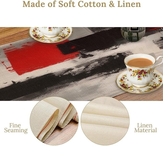 Abstract Red Grey Table Runner Vintage Black White Modern Art Burlap Table Dinner Runner for Farmhouse Cabin Coffee Kitchen Dining Holiday Party Home Decoration 13x120in