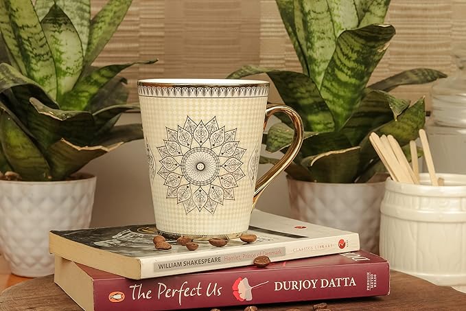 Femora Handcrafted Ceramic Coffee Mugs Indian Golden Disign Set of 2 (11 oz), Cappuccino Cups, Coffee Cups, British Coffee Cups, Porcelain Tea Set, Latte Cups, Espresso Mug.