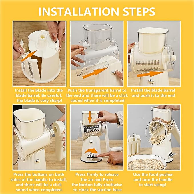 Rotary Cheese Grater with Handle: 5 in 1 Cheese Grater Hand Crank Cheese Shredder with Strong Suction Base Kitchen Vegetable Slicer with 5 Interchangeable Blades, Storage Box, White