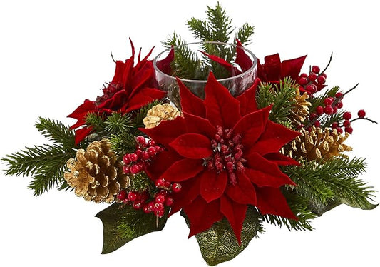 Nearly Natural Poinsettia, Berry and Golden Pine Cone Candelabrum Artificial Silk Arrangements Red 6"D x 14"W x 14"H