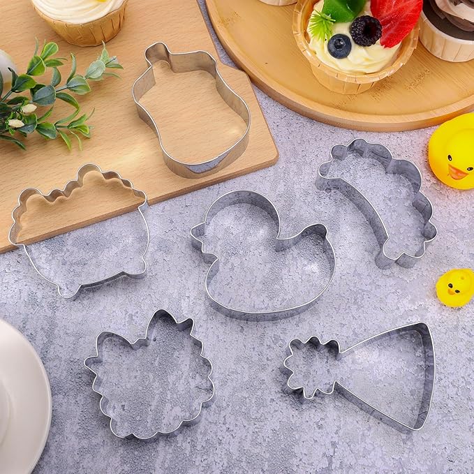 FYSUIMU 6Pcs Duck Baby Shower Cookie Cutters Cute Duck Baby Bottle & Bib Bathtub Party Hat Biscuit Cutter Stainless Steel Cookie Cutting Molds for Birthday Gender Reveal