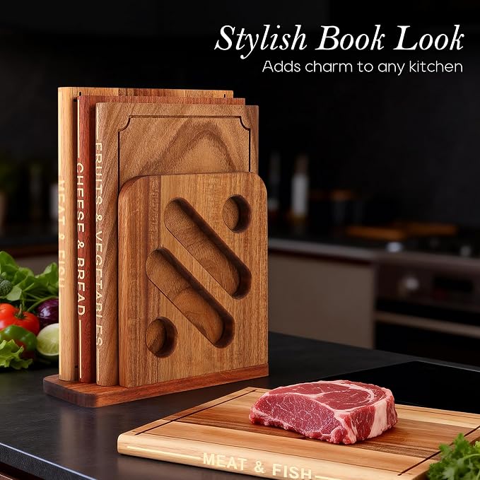 3-Piece Wooden Cutting Boards Set Like Books Wood & Brown | Acacia, Sapele & Peruvian Walnut Book Shaped Cutting Board with Stand Decorative & Functional Cutting Boards for Kitchen