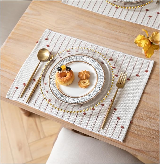 Placemats Set of 6 for Dining Table Fall Décor, Woven Cloth Place Mats for Farmhouse Kitchen Tabletop, Handcrafted Machine Washable Cotton Table mats 13 x 19 Inch, Black and Beige