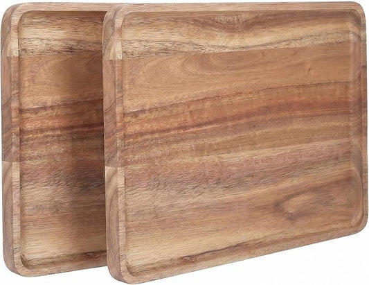 2 PCS Solid Acacia Wood Serving Trays Rectangular Wooden Serving Platters Natural Wooden Boards for Bar Coffee Party 13 * 9 inch
