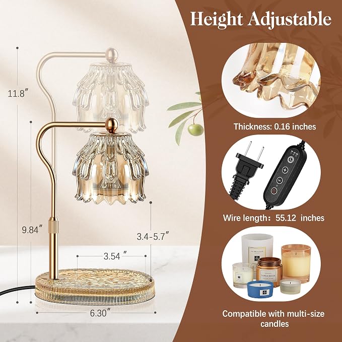 Candle Warmer Lamp with Timer Dimmer, Modern Wax Warmer for Scented Wax Jar Candle Warmer with 2 Bulbs, Adjustable Height Glass Lamp for Women, House Warming Gifts, Gold Amber