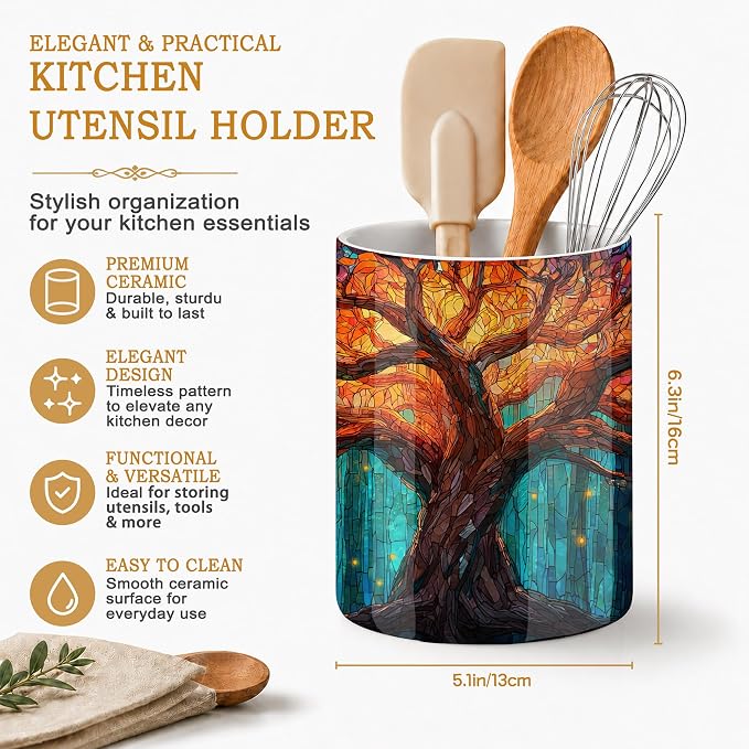 Tree of Life Kitchen Utensil Holder,Shining Brightly Large Ceramic Utensil Crock for Countertop,Cooking Utensil Organizer for Spatulas,Spoons