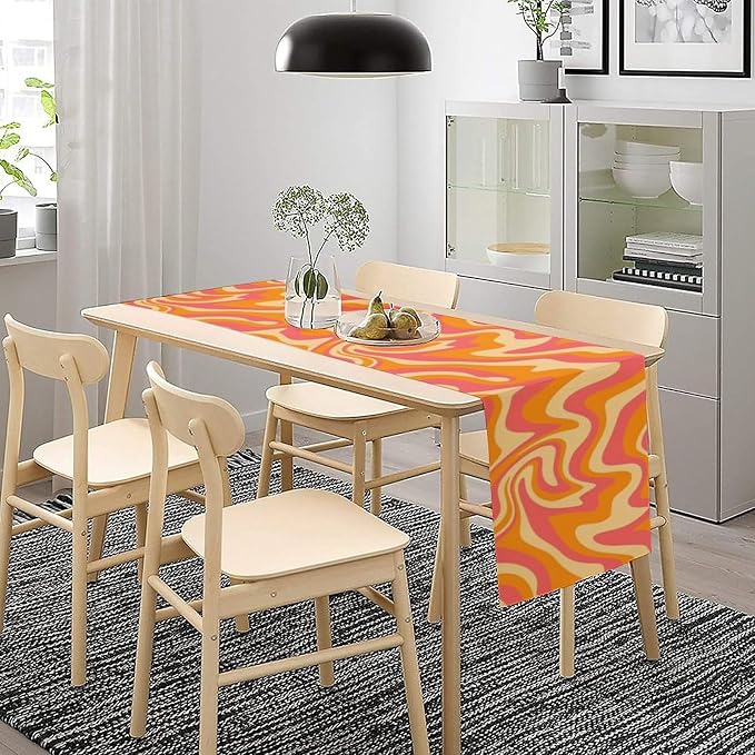 Retro 70s Groovy Table Runner,Vintage Abstract Modern Art Orange Boho Spiral Swirl Waves Farmhouse Country Dinner Runner for Home Kitchen Dining Table Party Holiday Decor 13"x36"