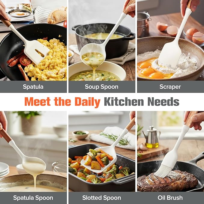 Silicone Utensils Set of 7 with Wooden Handle for Cooking&Baking,No Scratch for Nonstick Cookware,Spatula Spoon,Soup Ladle,Basting Brush,Baking Bowl Scraper,Skimmer,Slotted Spatula,BPA Free (White)