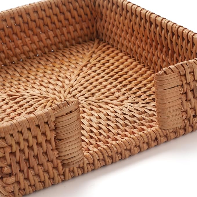 Rattan Napkin Holder Square Woven Flat Napkin Basket Tray for Tables 7.5" x 7.5" x 2.5"