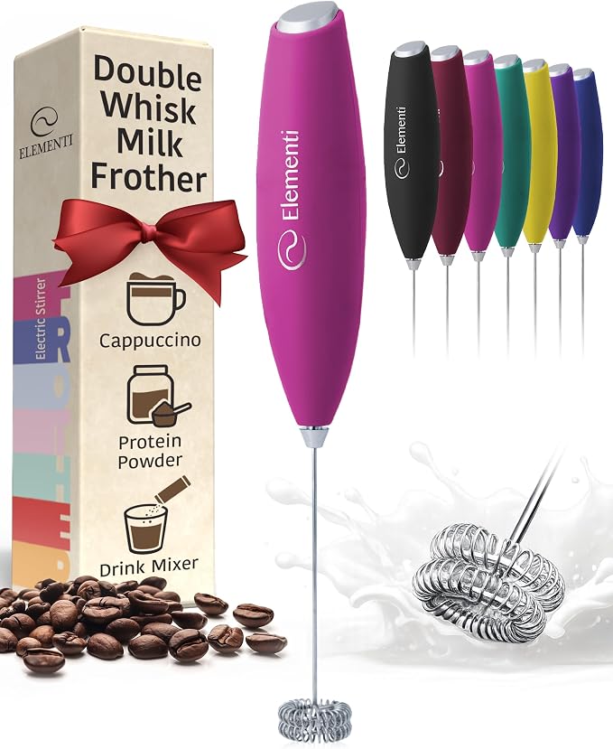 Elementi Milk Frother Wand - Easy to Use Handheld Electric Stirrer for Powder Drinks, Durable & Powerful Coffee Whisk & Protein Powder Mixer Wand, Hand Frother, Coffee Stirrers Electric (Hot Pink)