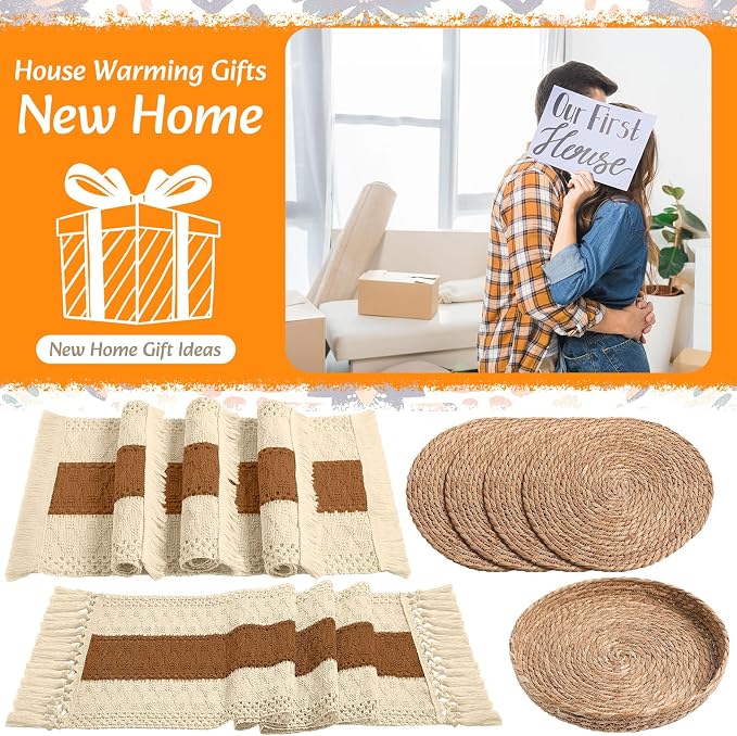 Boho Placemats 4/6/8 Set of Round Woven Placemat Macrame Style Bicolor Stitching Long Table Runner Farmhouse Rustic Natural Burlap Cotton for Kitchen Dining Table(4 Sets,Caramel Color,12x72)