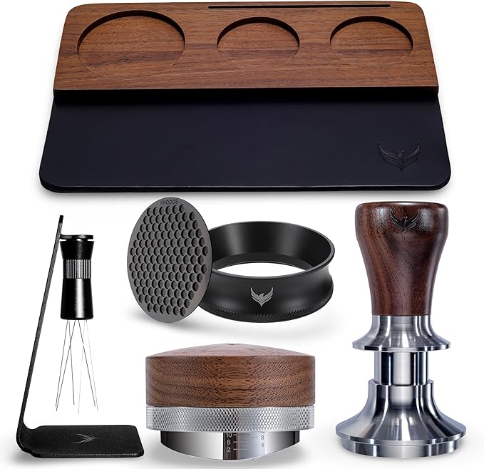 58mm Espresso Tamper Kit 6pcs - Complete Set with Tamping Mat, Walnut Tamper, Distributor, Dosing Funnel, Puck Screen, and Needle Distributor