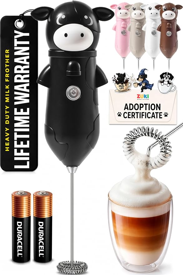 Zulay Kitchen Cow Milk Frother Wand – Cutesy Frother, Meet Your New Frothing Buddy Betsy The Cow, Adoption Papers and Stickers Included, Purrr-fect for Lattes, Cappuccino & Matcha – Black