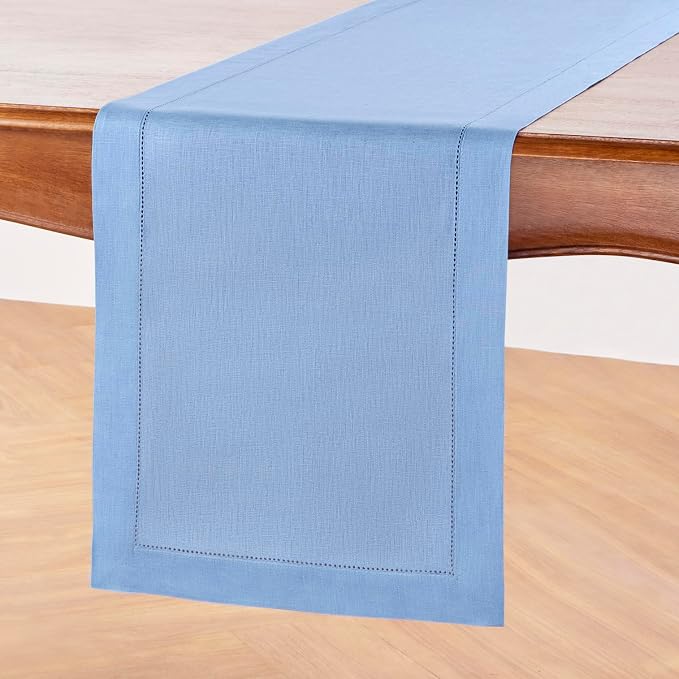 Solino Home Linen Cornflower Blue Table Runner 144 Inches Long - 100% Pure Linen Hemstitch 14 x 144 Inch Table Runner for Dining, Summer - Classic Hemstitch