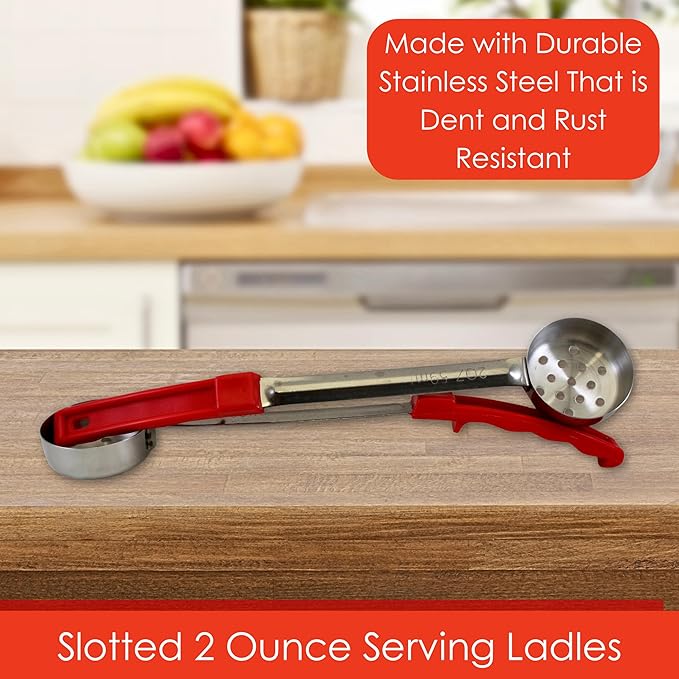 2 oz Slotted Stainless Steel Portion Control Ladle Spoon | Commercial-Grade Spoodle for Portioning & Draining - Pasta, Veggies & Buffet Service. Color-Coded by Size. Dishwasher Safe.