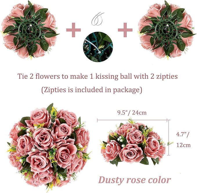 BLOSMON Dusty Pink Flowers Centerpieces: 2 Pcs Artificial Roses Flowers Balls for Wedding Dinning Table - Fake Silk Kissing Floral Arrangement for Home Party Event Decor | 2 Pcs Wedding Dinning Table Floral Arrangements - Fake Silk Kissing Bouquets wit...