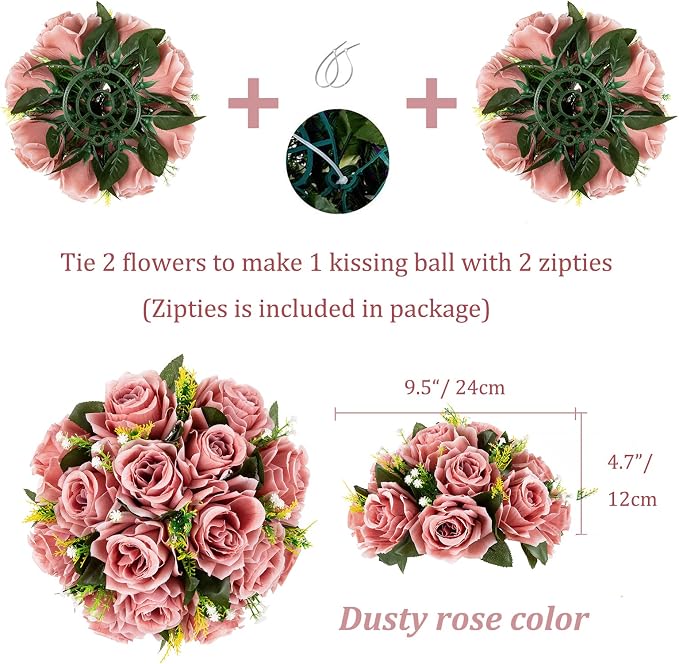 BLOSMON Flower Ball Centerpieces for Wedding: 10 Pcs Dusty Pink Fake Roses | Party Dinning Table Floral Arrangements - Fake Silk Kissing Bouquets with Base for Home Party Event DIY Decor